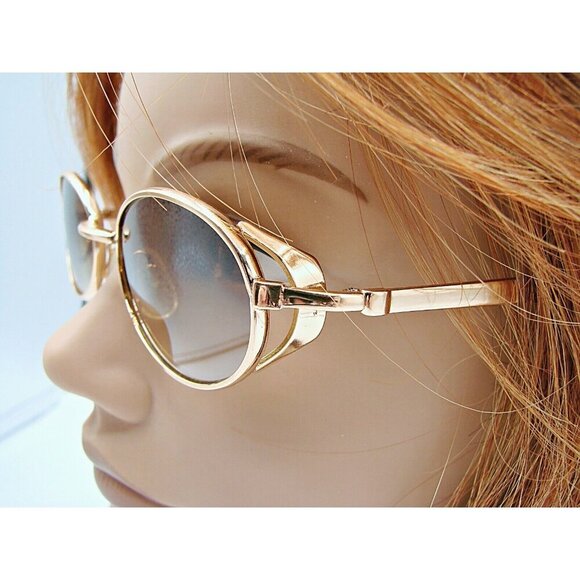 Vintage Sunglasses Gold Metal Frame Oval Shaped Summer Sunglasses Bronze Lens - Picture 1 of 9